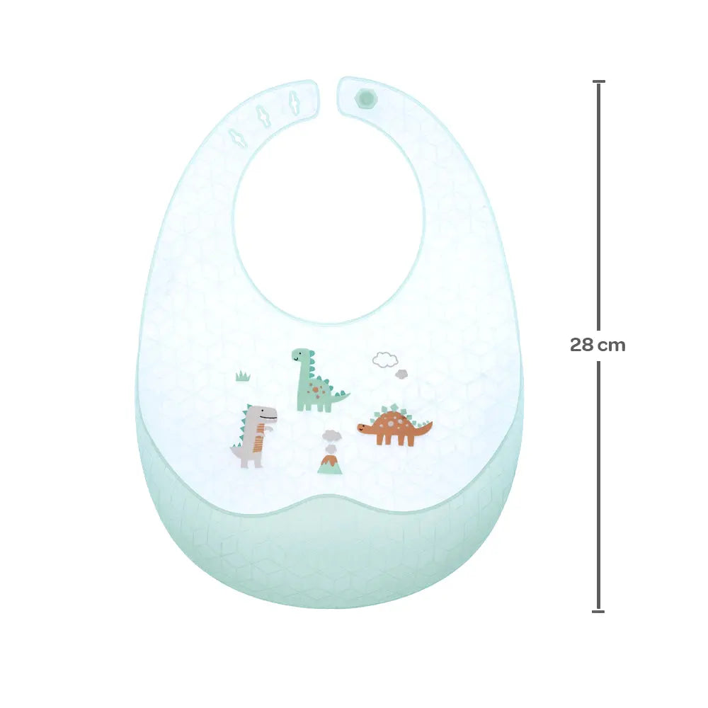 BABADOR EM SILICONE COM PEGA MIGALHAS E ESTOJO DINO BUBA