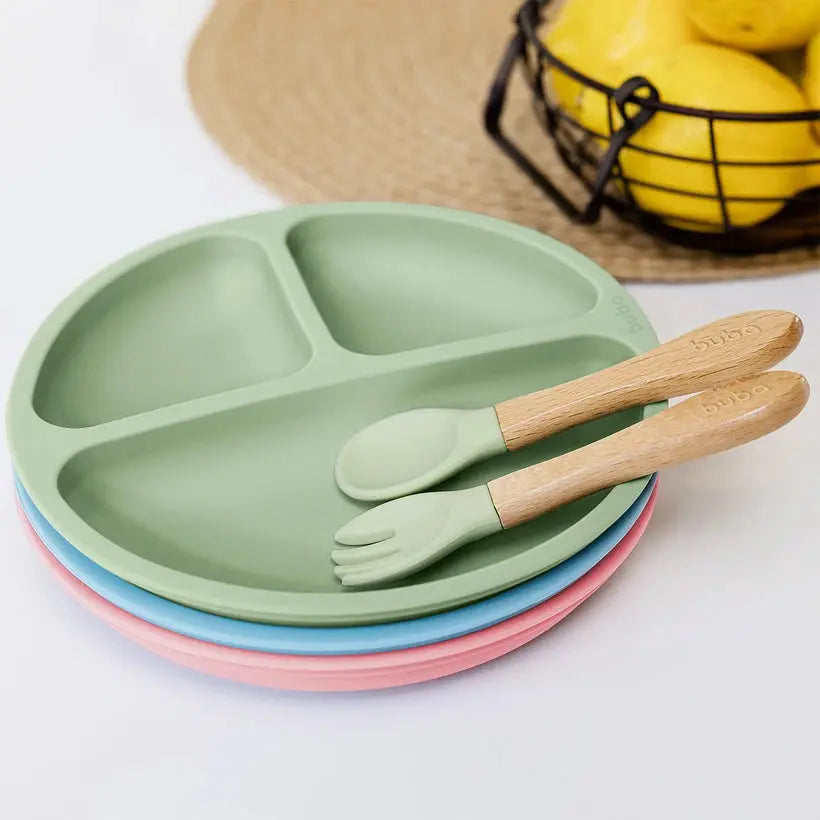 Prato em Silicone com Divisórias e Ventosa Verde - Buba