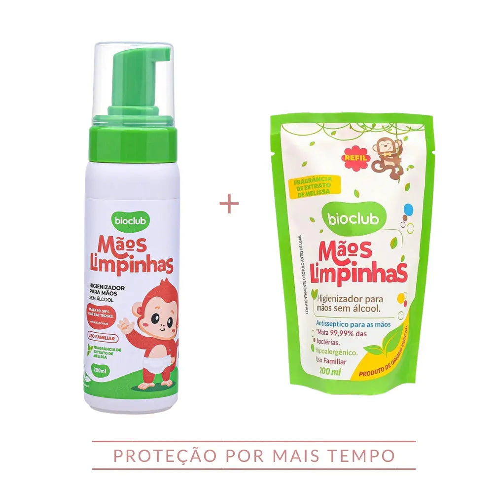 Combo Mãos Sempre Limpinhas - Higienizador De Mãos Sem Álcool Bioclub - Frasco + Refil = 400ml