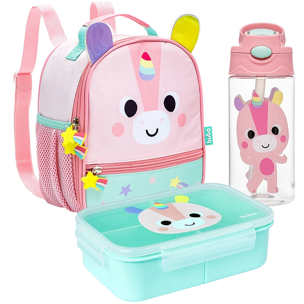 Kit Escolar: Lancheira Térmica + Lunchbox + Garrafinha BubaZoo Unicórnio