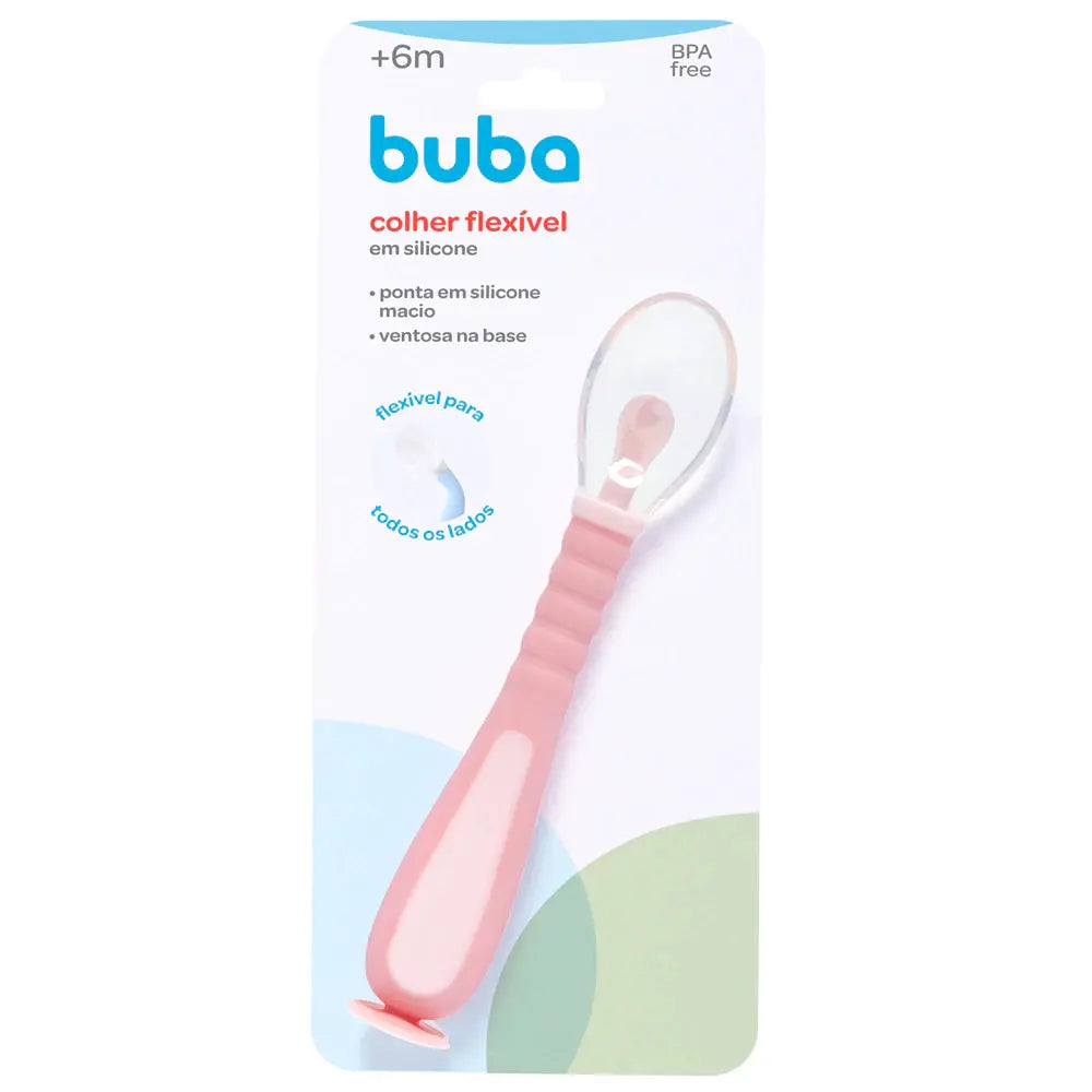 Colher Flexível em Silicone com Ventosa Rosa - Buba