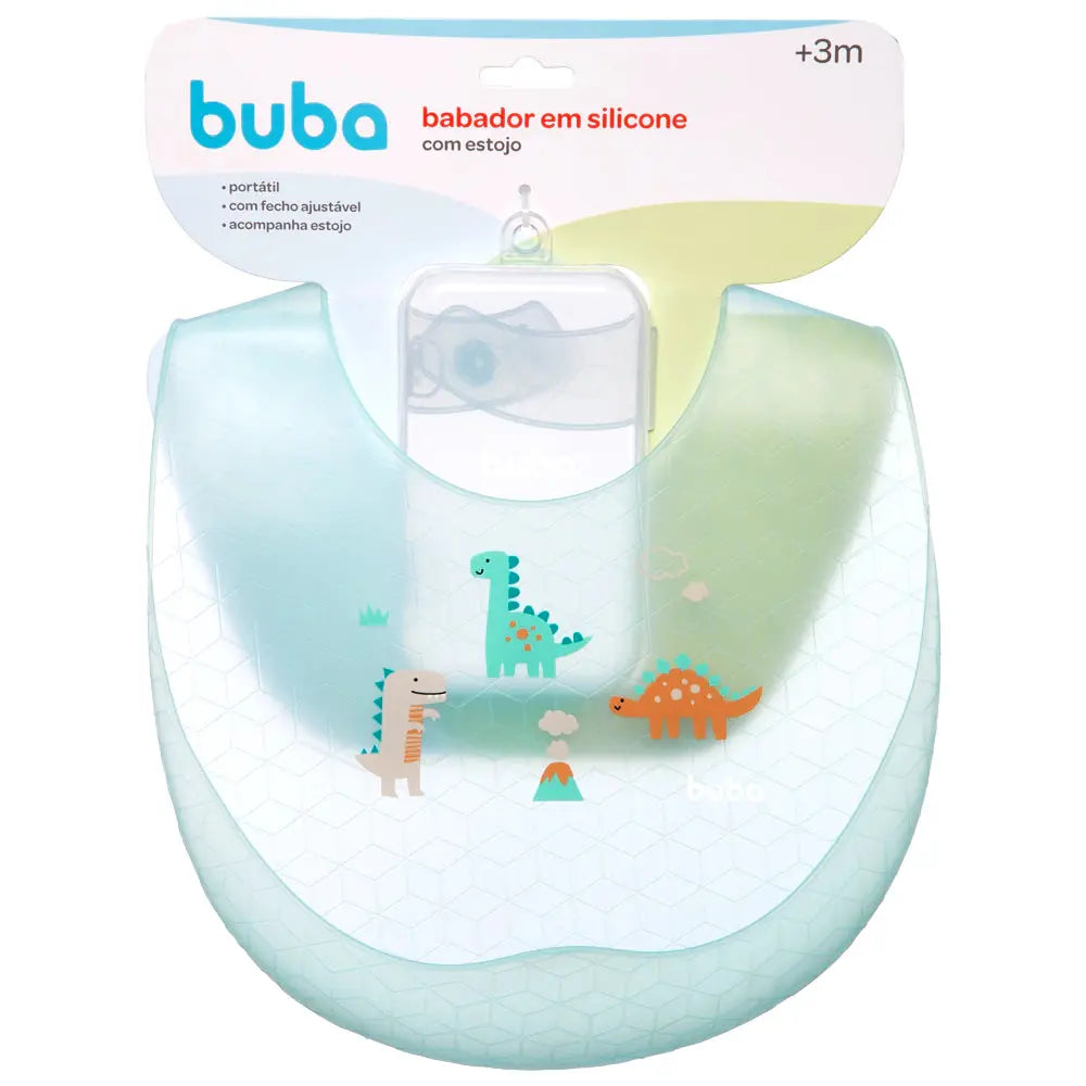 BABADOR EM SILICONE COM PEGA MIGALHAS E ESTOJO DINO BUBA