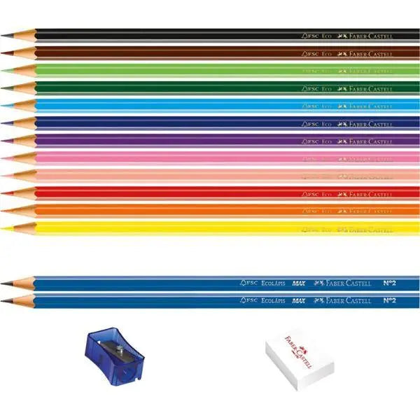 Lápis de Cor 12 Cores, Kit com Apontador, Borracha e 2 Grafite, Faber-Castell