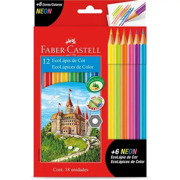 Lápis de Cor Sextavado 12 Cores + 6 Neon, Faber-Castell