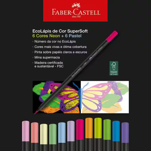 Lápis de Cor 12 Cores SuperSoft Neon + Pastel - Faber-Castell