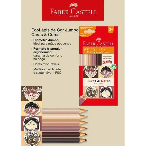 Lápis de Cor Jumbo, 6 cores, caras & cores, Faber-Castell