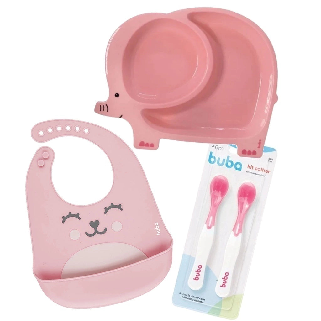 Kit Babador Gumy + Colher termossensivel + Prato De Elefante Rosa
