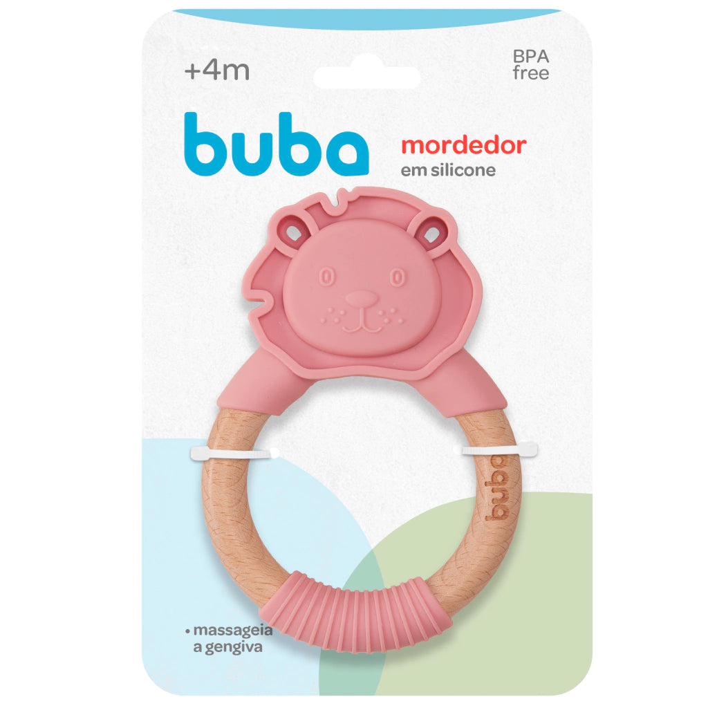 MORDEDOR LEÃO EM SILICONE E BAMBU ROSA