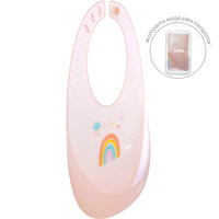 BABADOR EM SILICONE COM PEGA MIGALHAS E ESTOJO ARCO-IRIS BUBA