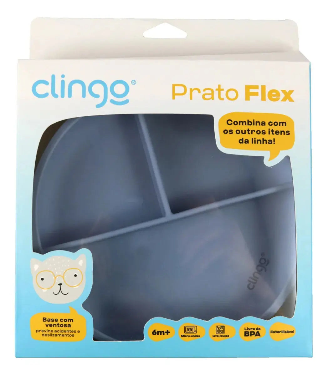 Prato em Silicone com Divisórias e Ventosa Flex Azul (6m+) - Clingo