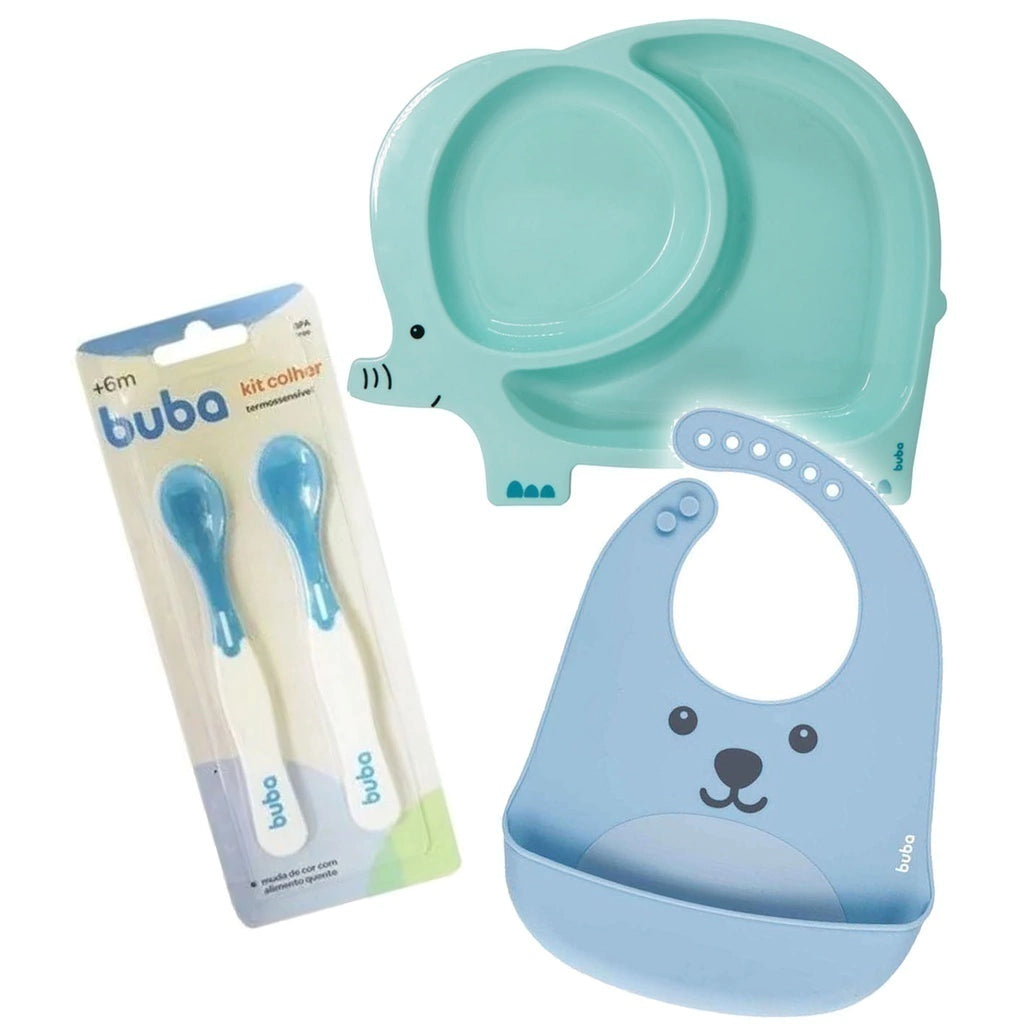 Kit Babador Gumy Azul + Colher termossensivel + Prato De Elefante Azul