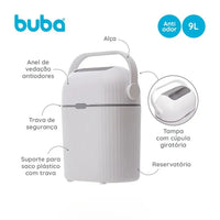 Lixeira Antiodor para Fraldas de bebê Branca 9L - Buba