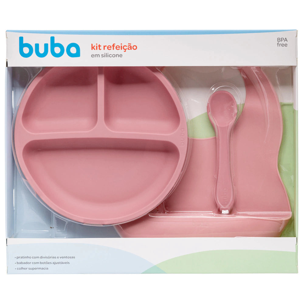 Kit Refeição para bebê em Silicone Rosa (6m+) - Buba