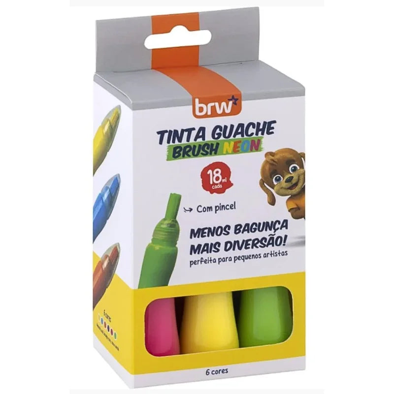 Tinta Guache  Brush 18ml 6 Cores Neon Com Pincel - BRW